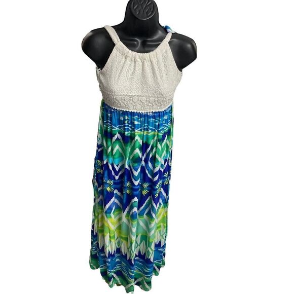 SEQUIN HEARTS Women’s Blue Green & White Geometric Dress, Sleeveless Size 8 - Picture 1 of 8